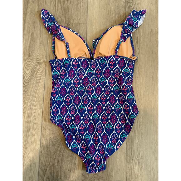 J.Crew Floral Ruffle Girly UPF 50+ V-neck One Piece Stretch Swimsuit Large - Picture 2 of 4
